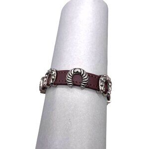 U-Shaped Horseshoe Brown Leather Bangle Bracelet Silver Tone Hook Closure